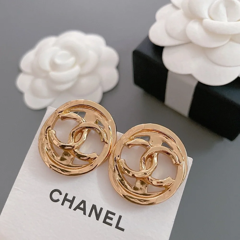 Chanel Gold Tone Hammered CC Logo Round Stud Earrings